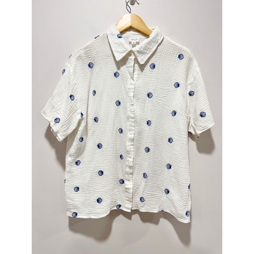 Le Lis White Cotton Gauze Embroidered Seashell Short Sleeve Button Down Shirt M
